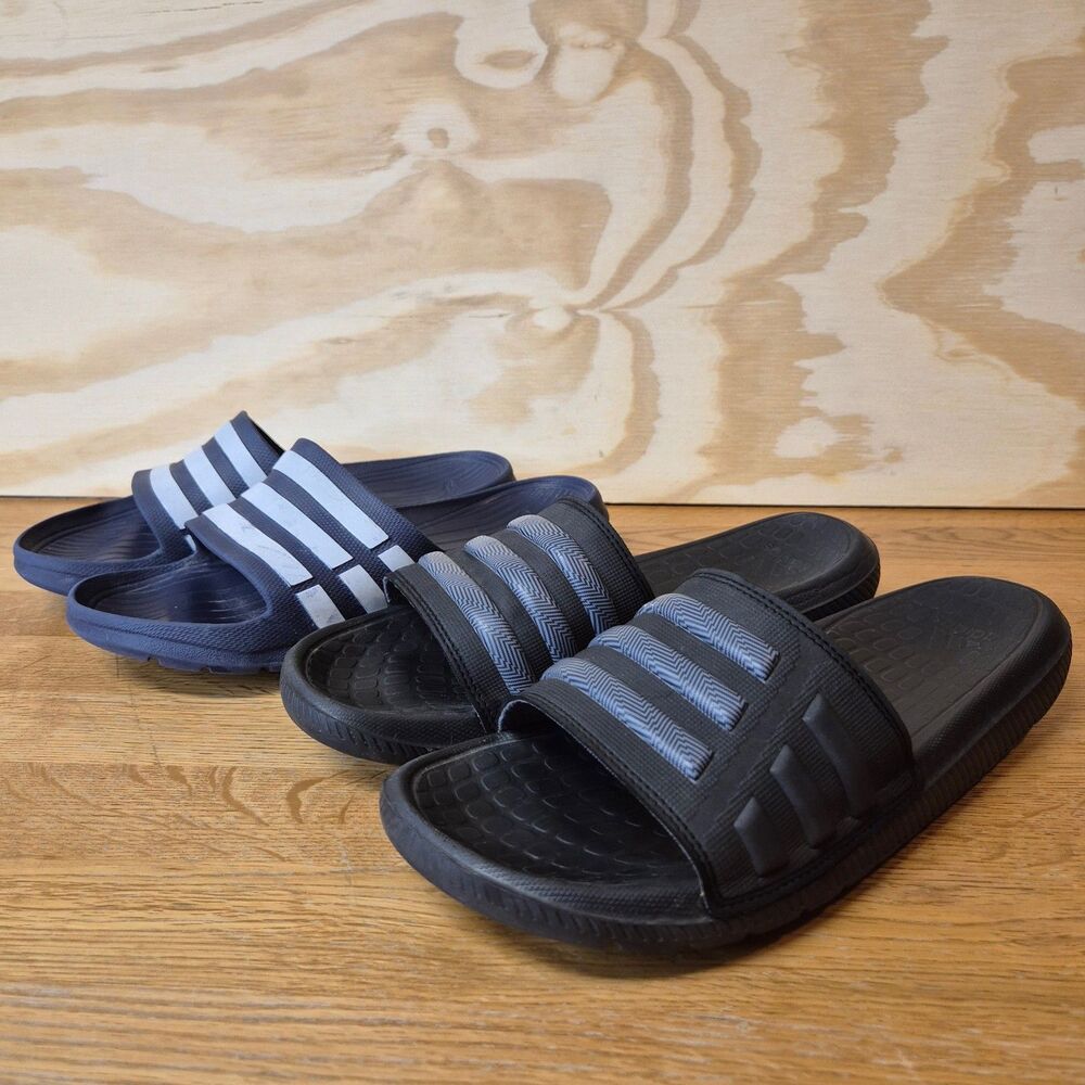 2 Pair adidas Mens Slides Y2K Size 8 Black Blue 3 Stripe Sandals Bundle Lot